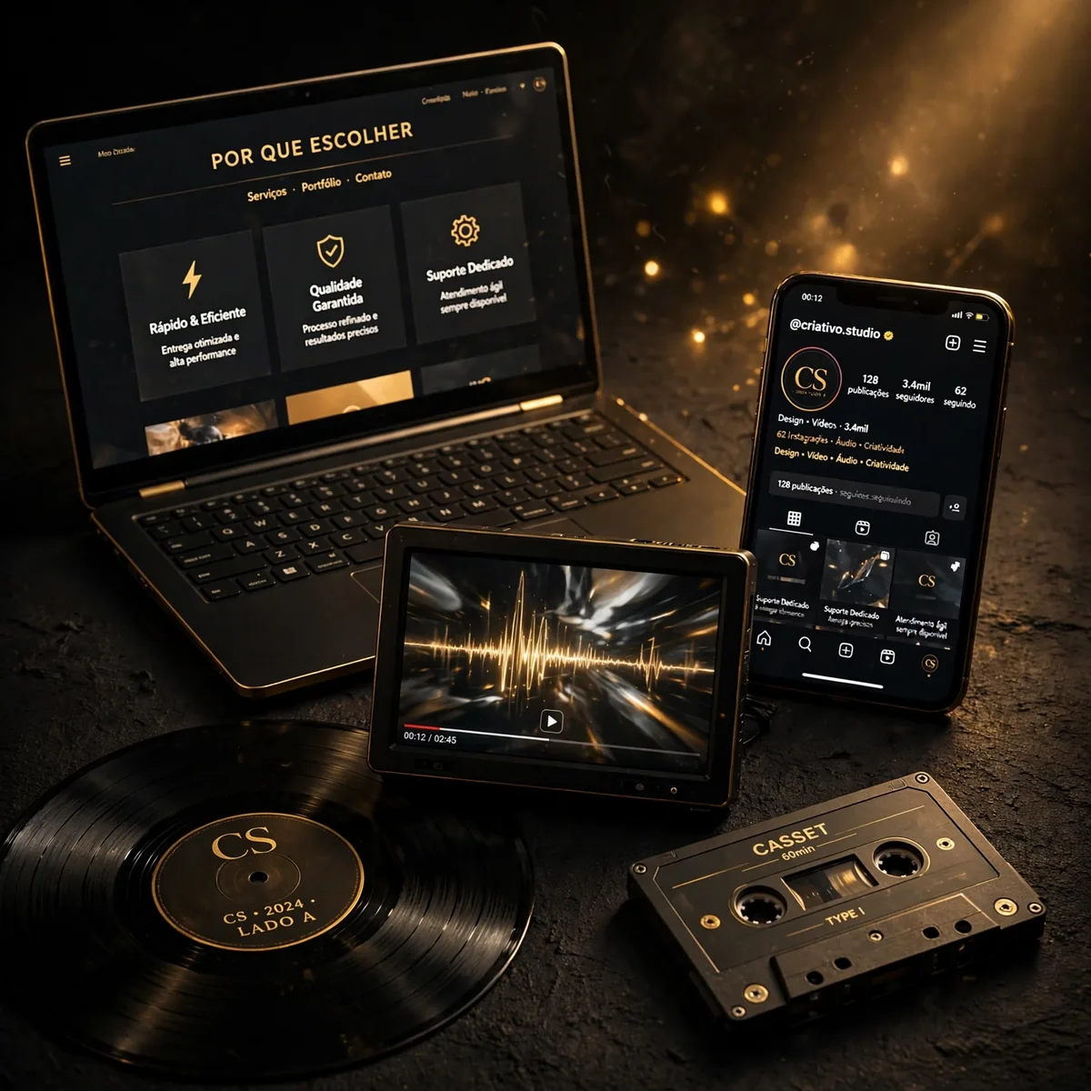 Notebook, celular, tablet, disco de vinil e fita cassete com detalhes dourados, representando site, Instagram, vídeo e música