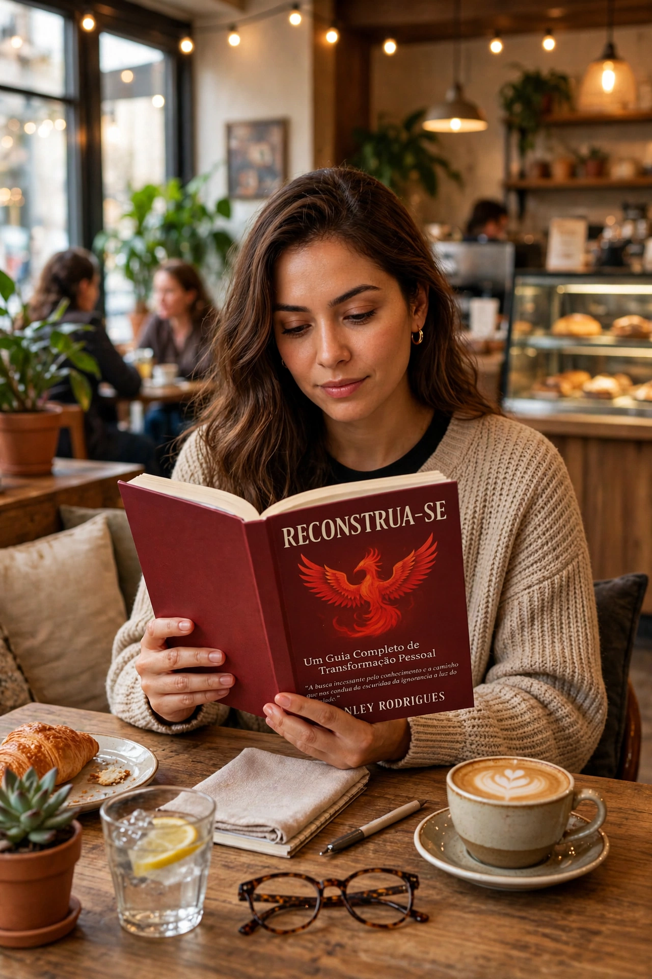 Leitora com o livro Reconstrua-se em uma cafeteria