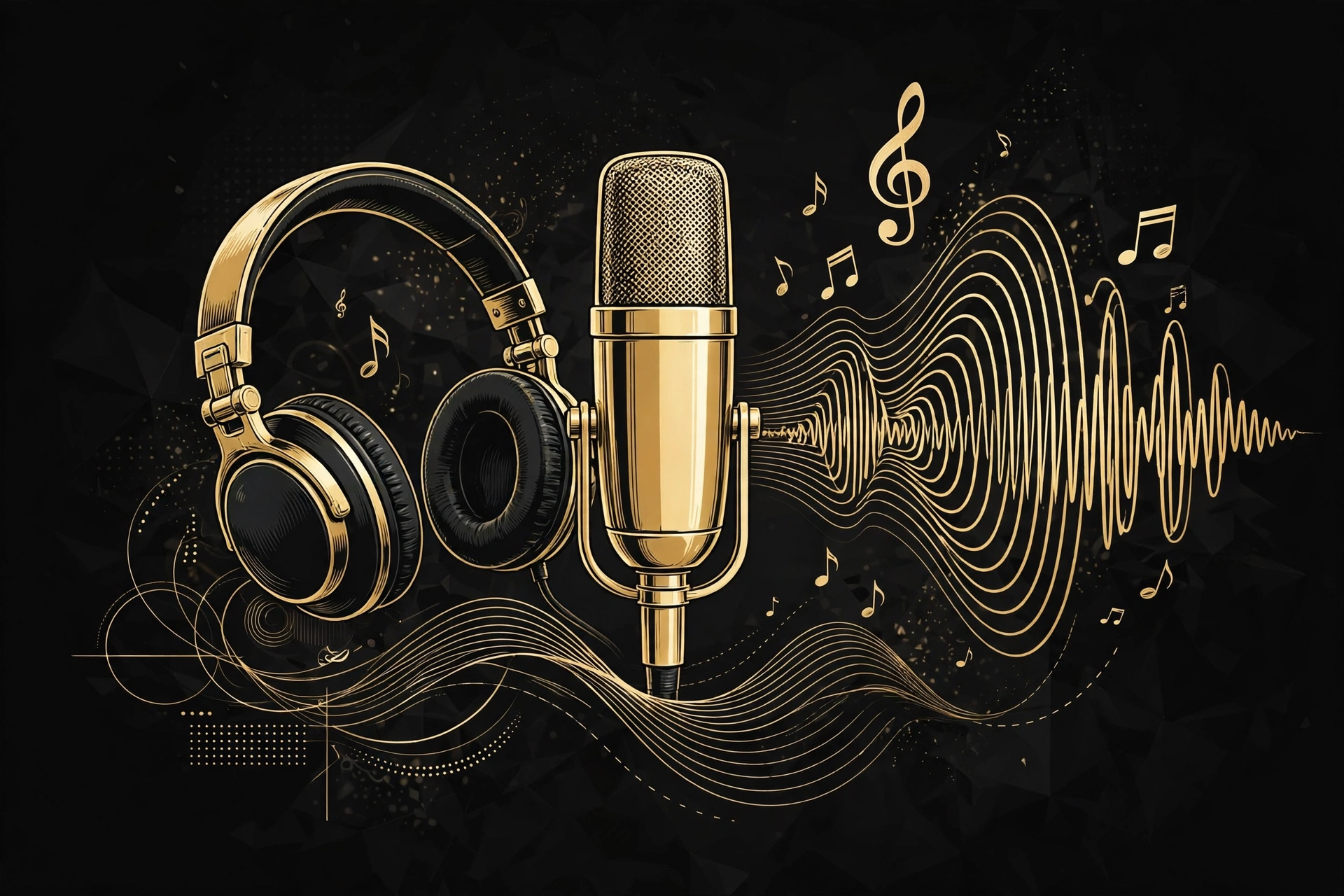 Ilustração em preto e dourado de microfone, fones de ouvido e ondas sonoras