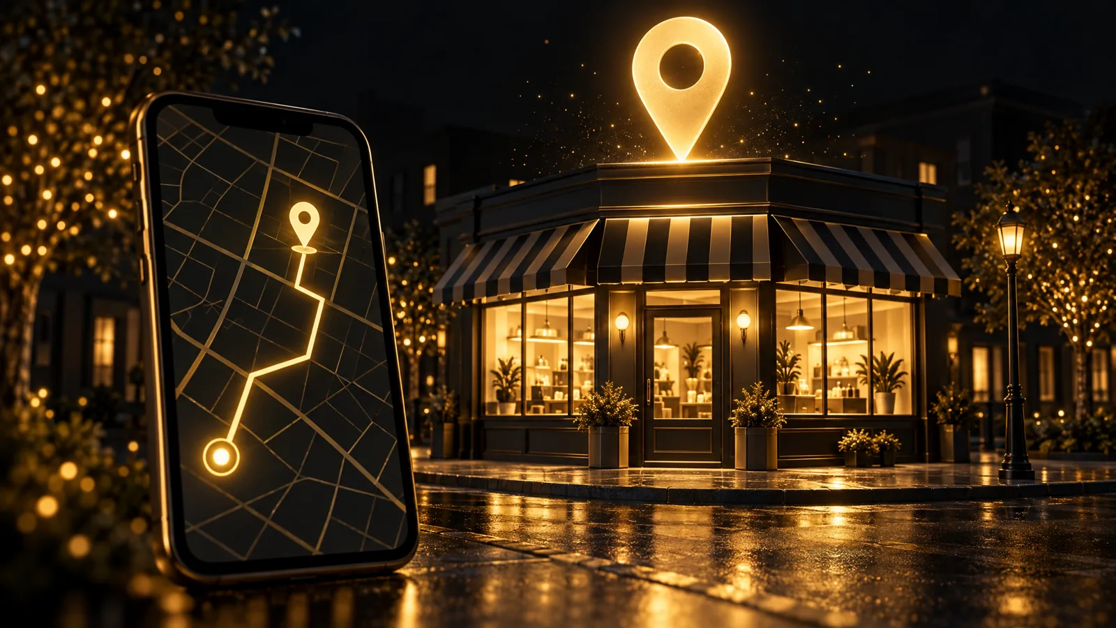 Vitrine de loja à noite com um pino de mapa dourado e um celular exibindo um mapa