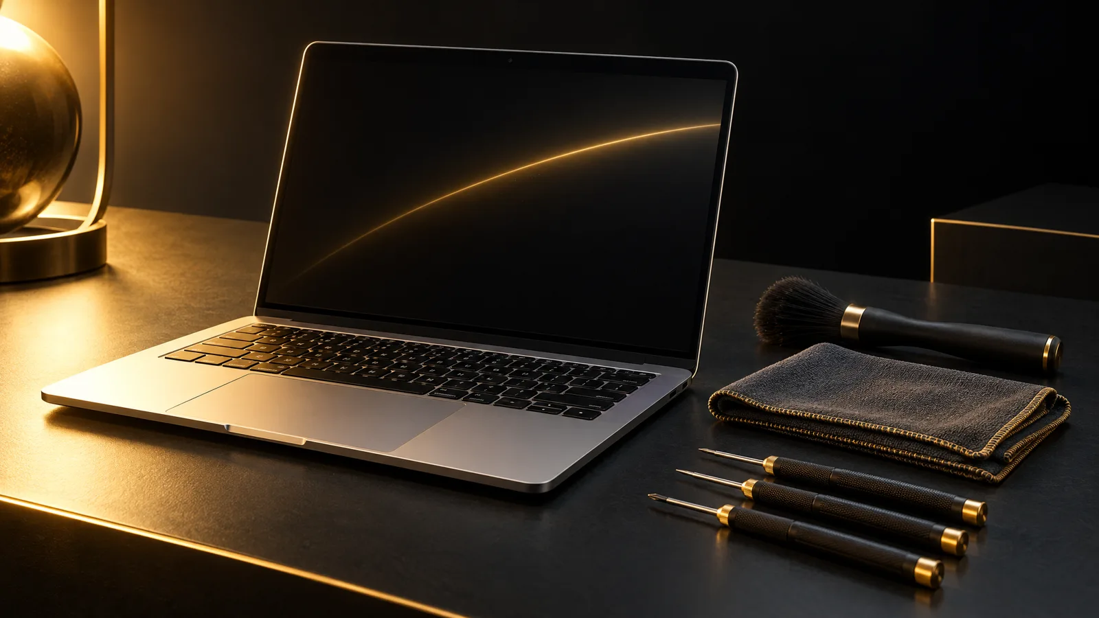 Notebook aberto sobre mesa escura com pincel, pano de microfibra e pequenas ferramentas
