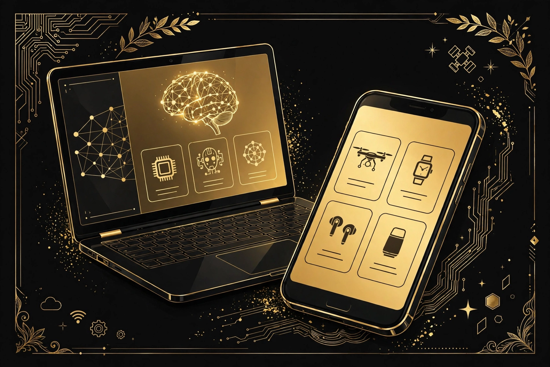 Ilustração em preto e dourado de notebook e celular com ícones de tecnologia