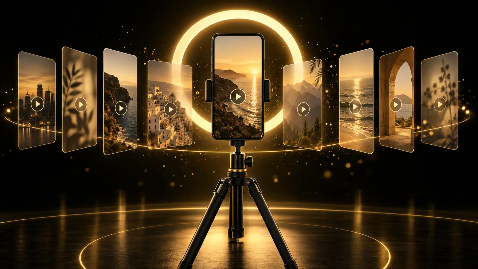 Celular em tripé com anel de luz dourado e quadros de vídeo ao redor
