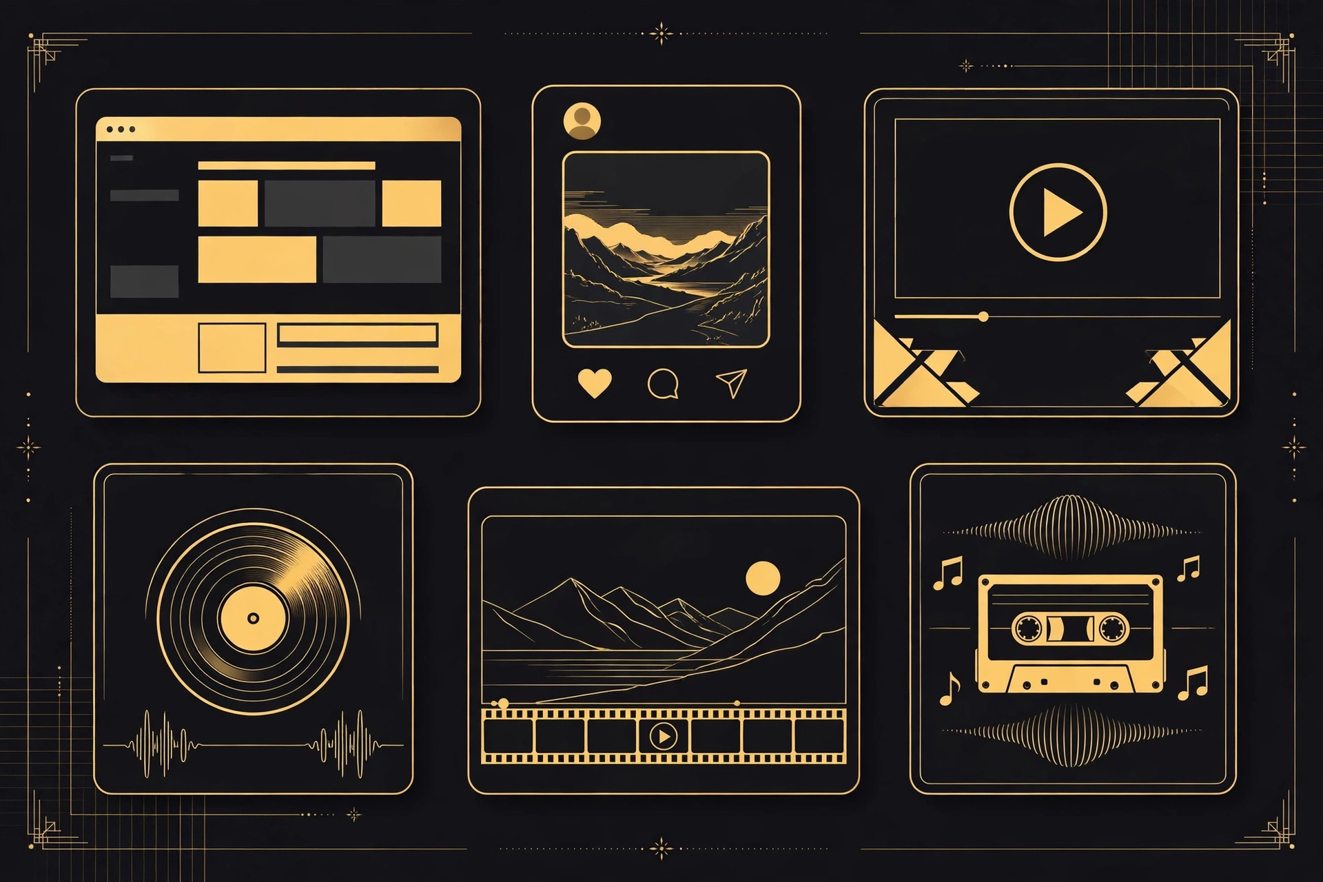 Ilustração em preto e dourado de peças de site, post, vídeo e música
