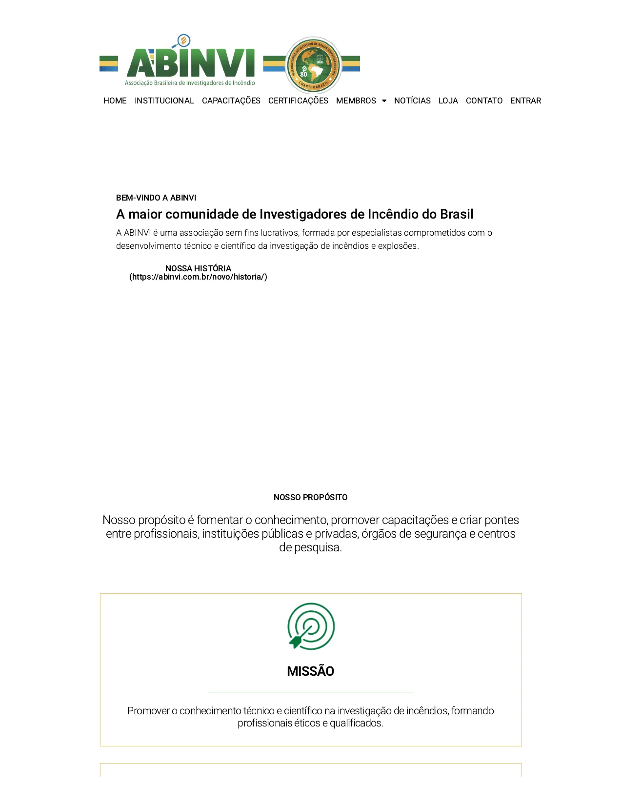 Captura da página inicial do site da Abinvi, Associação Brasileira de Investigadores de Incêndio