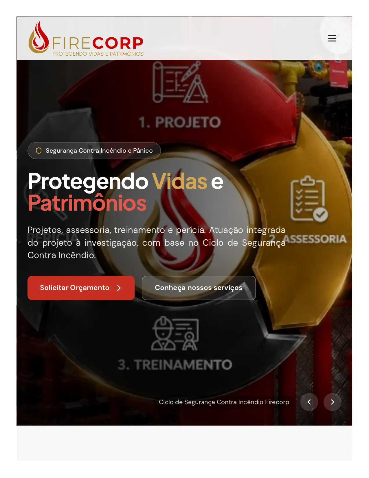 Captura da página inicial do site da Firecorp, com o título Protegendo Vidas e Patrimônios