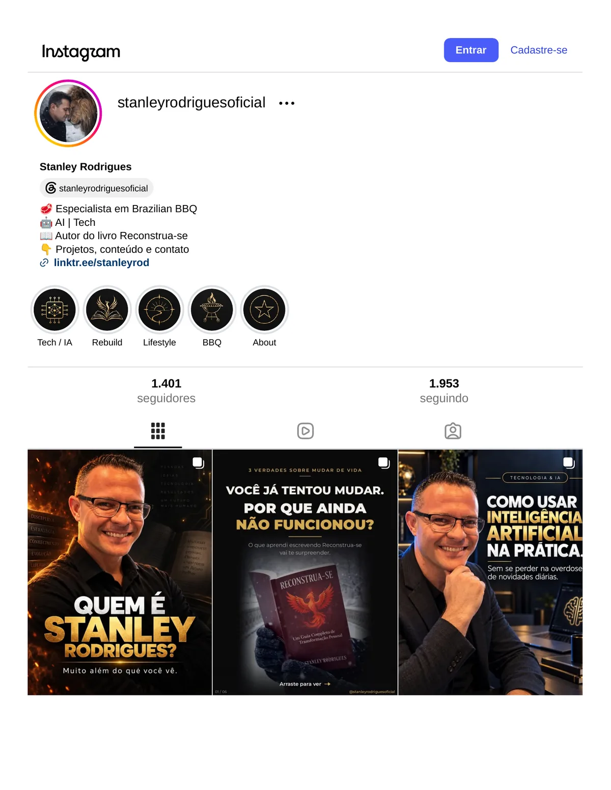 Captura do perfil @stanleyrodriguesoficial no Instagram, com a bio e o início do feed