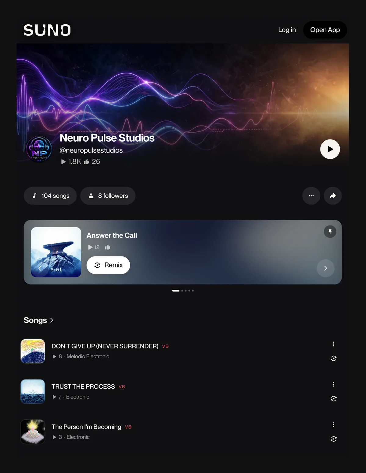 Captura do perfil Neuro Pulse Studios no Suno