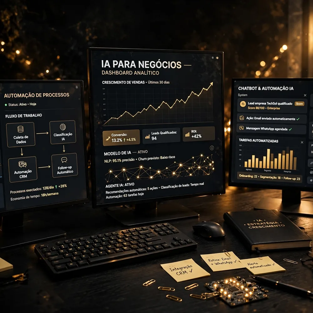 Stanley Rodrigues diante de painéis digitais dourados de inteligência artificial