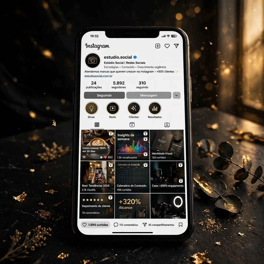 Celular exibindo um perfil de Instagram organizado, com iluminação dourada