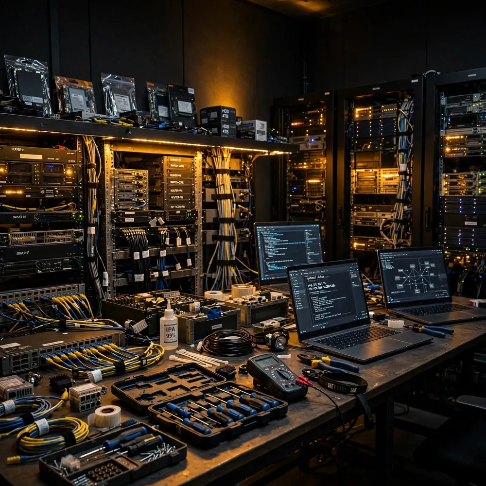Técnico fazendo manutenção em um computador, em ambiente escuro com detalhes dourados